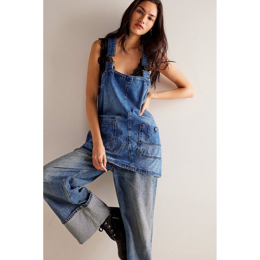 Free People We The Free Overall Smock Mini Denim Dress Blue Pinafore Jumper L